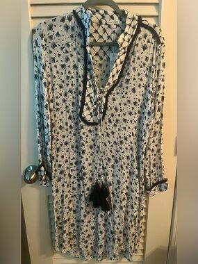 NWT * Navy Blue & White Floral Tassel Tunic Dress/beach coverup/loungewear *